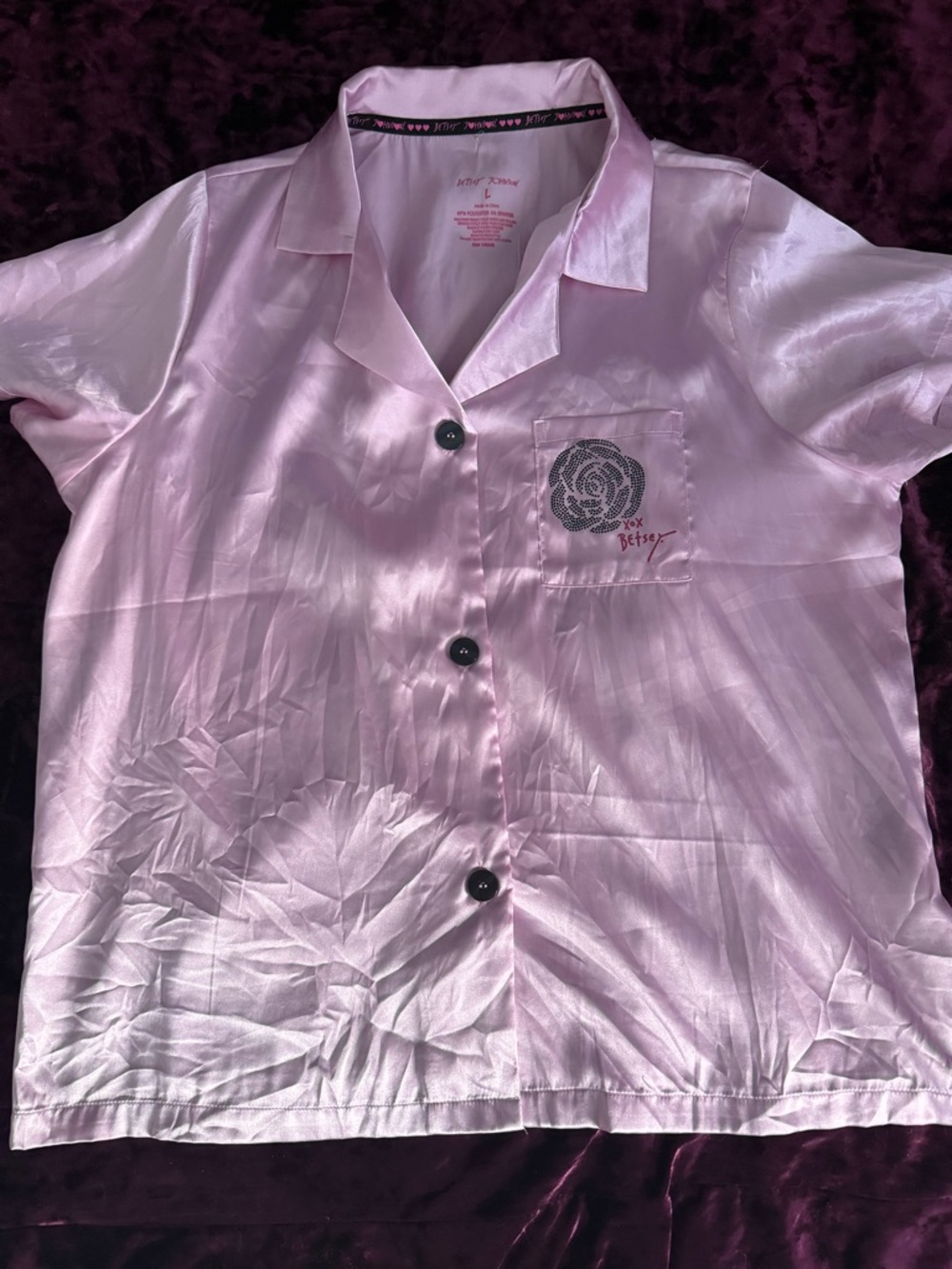 Betsey Johnson pink satin nightwear sleepwear top blouse lounge shirt size L